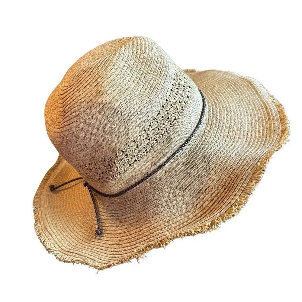Women's Beige Straw Sun Hat Wide Brim Frayed Lightweight One Size